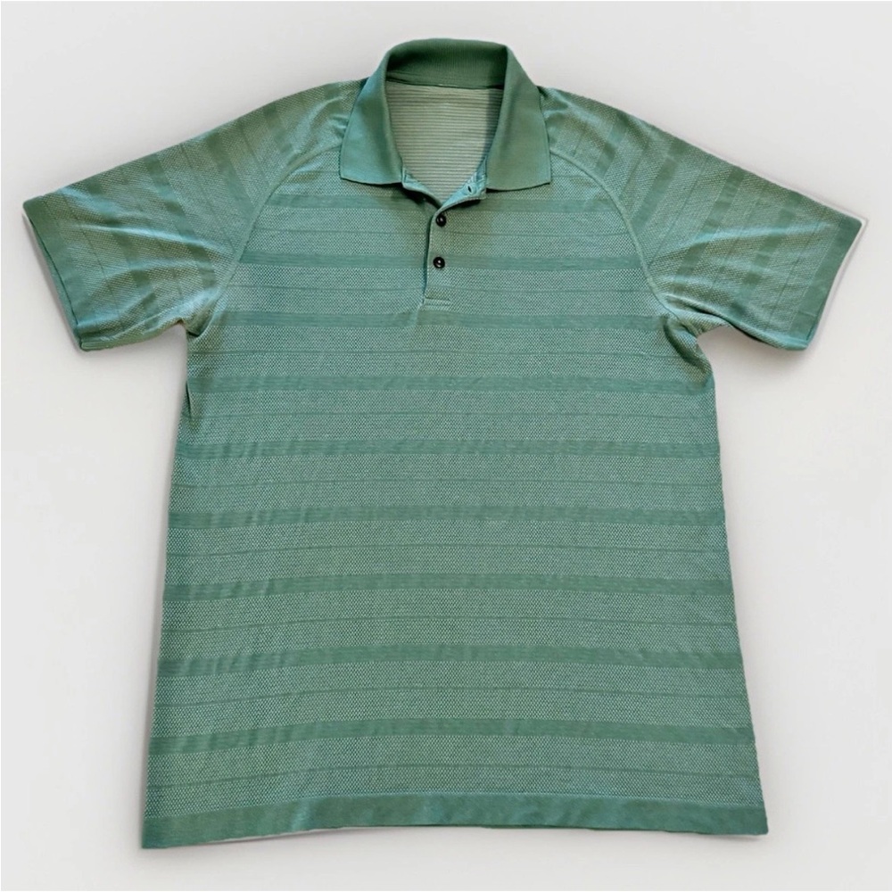 Lululemon Metal Vent Tech Striped Green Polo Mens Sz L Short Sleeve Shirt